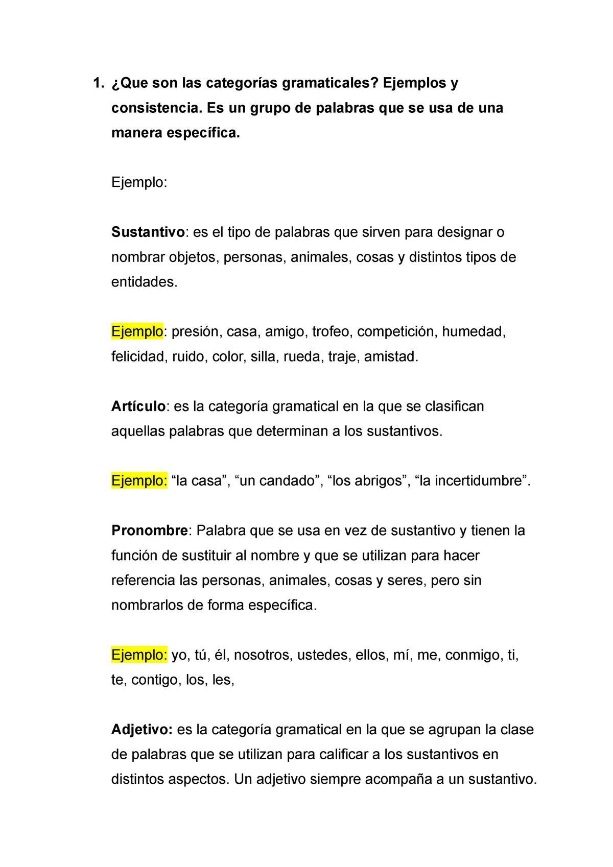 Categorías Gramaticales Tarea Español Modulo 2 1 ¿que Son Las