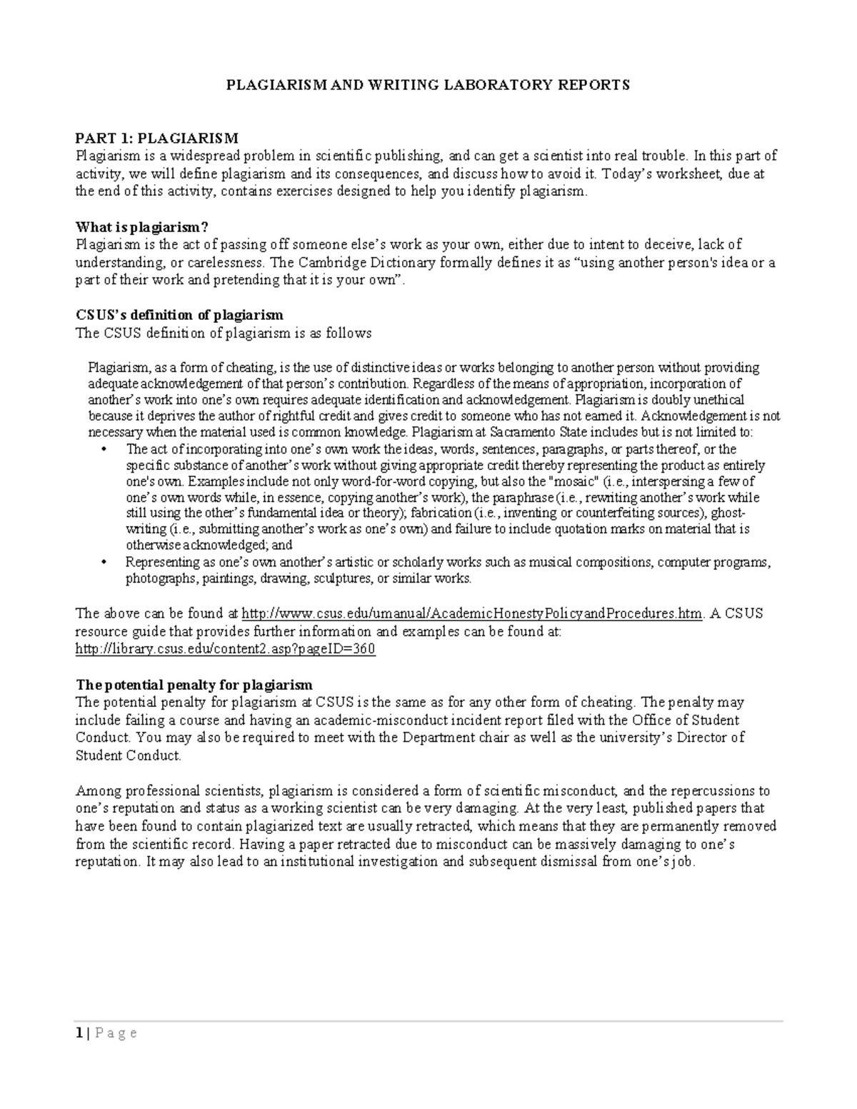 5. Plagiarism - Bio 1 - PLAGIARISM AND WRITING LABORATORY REPORTS PART ...