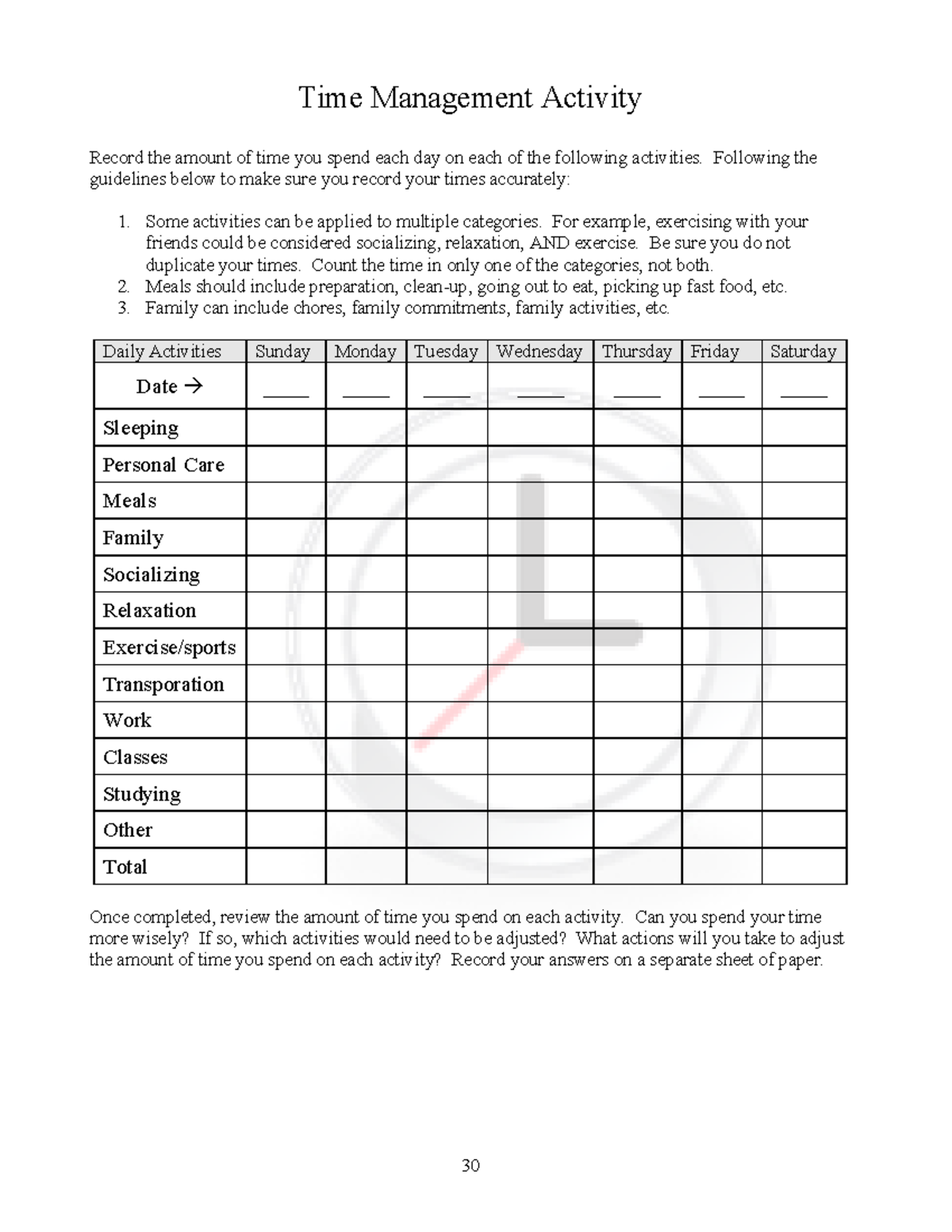 Time management week one 30 Time Management Activity Record the