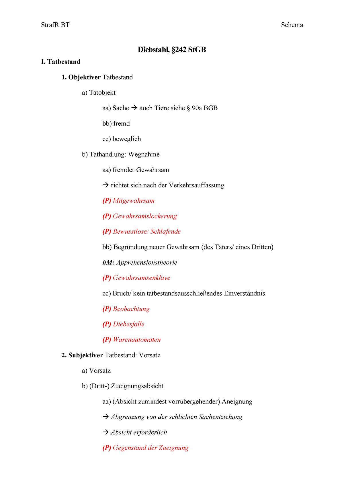 Schema Diebstahl - Diebstahl, §242 StGB I. Tatbestand 1. Objektiver ...