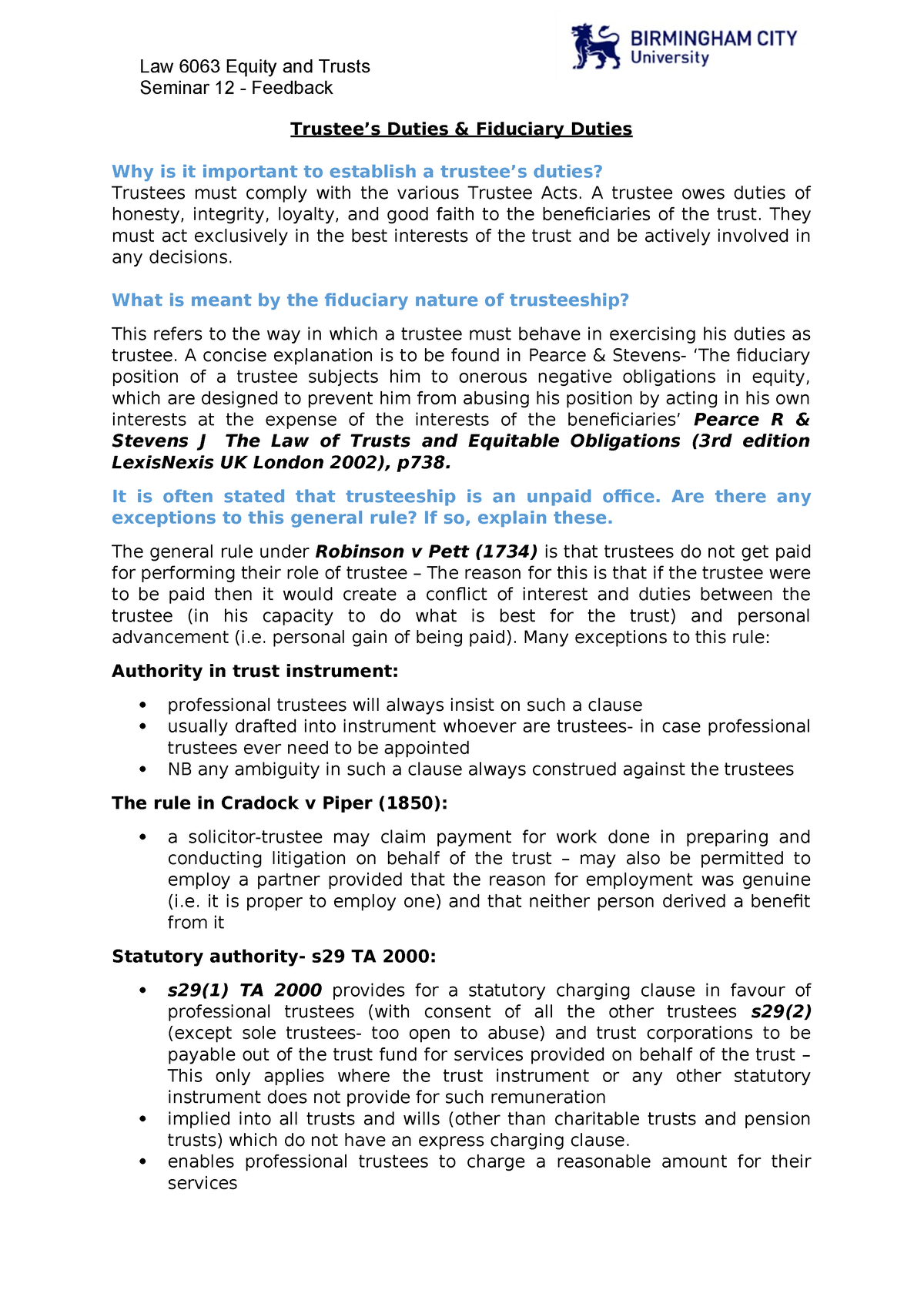 12. Trustees Duties - Fiduciary Duties - Seminar 12 - Feedback Trustee ...