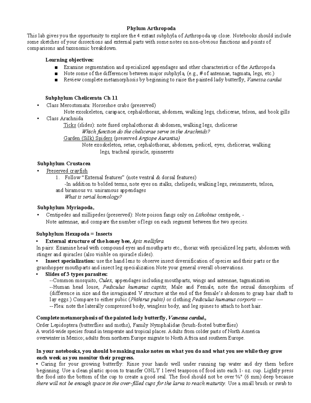 L8- Arthropods - Phylum Arthropoda This lab gives you the opportunity ...