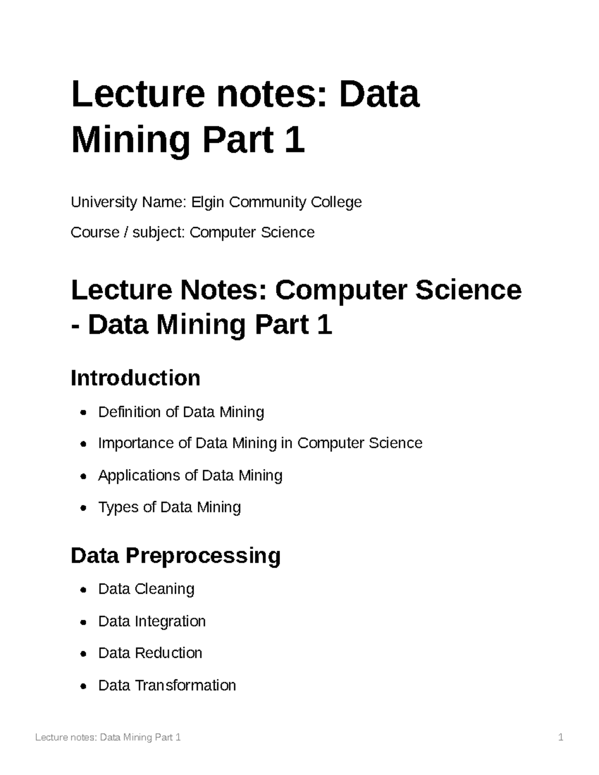 Lecture Notes Data Mining Part 1 - Lecture Notes: Data Mining Part 1 ...