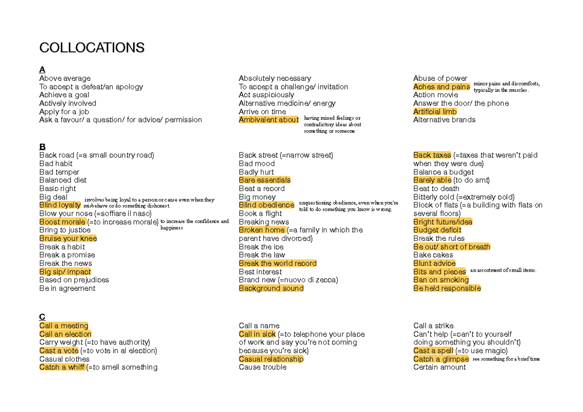 Collocations - collocazione che servono per preparare gli esercizi ...