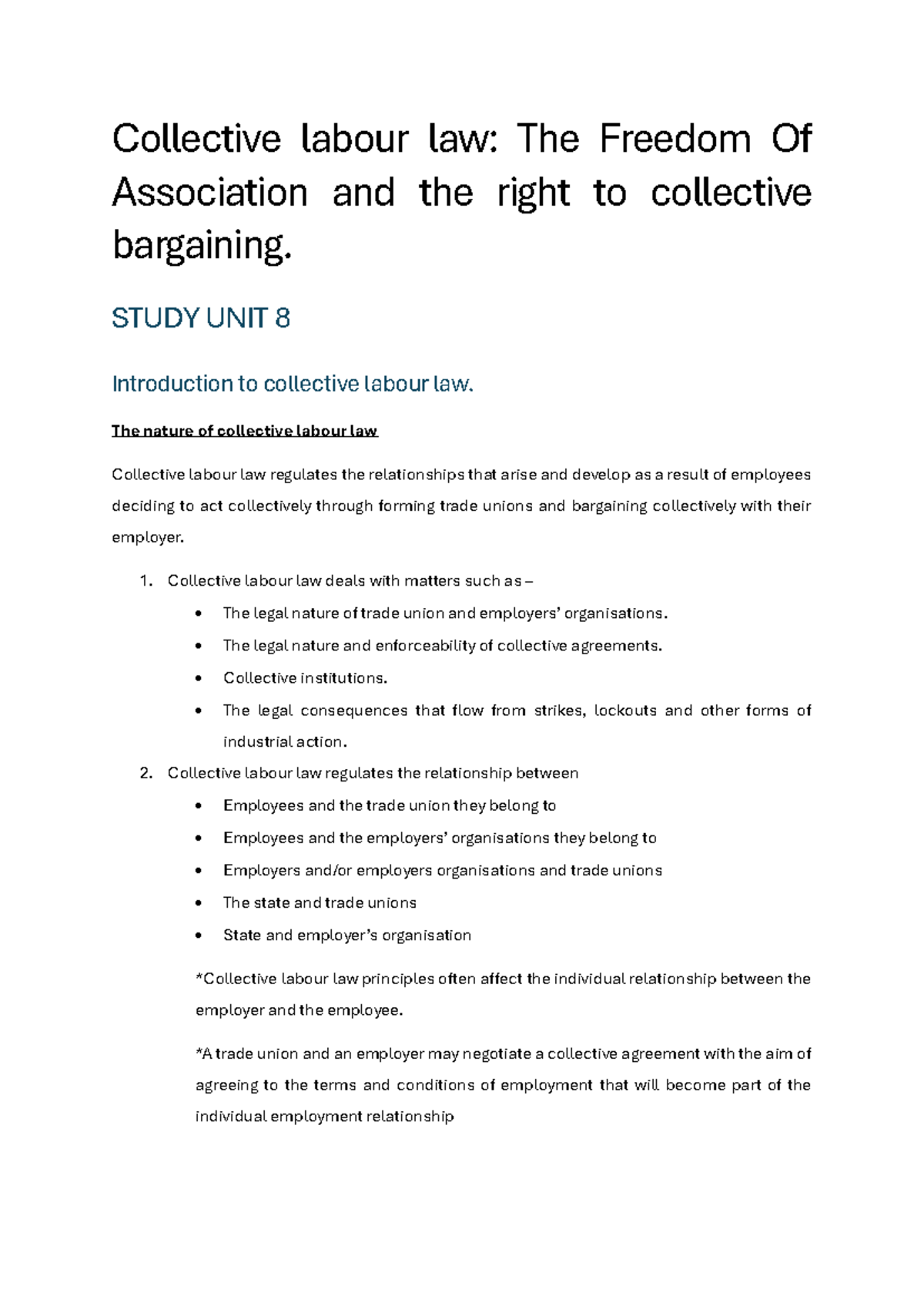 Collective labour law opsomming SU 8 - Collective labour law: The ...