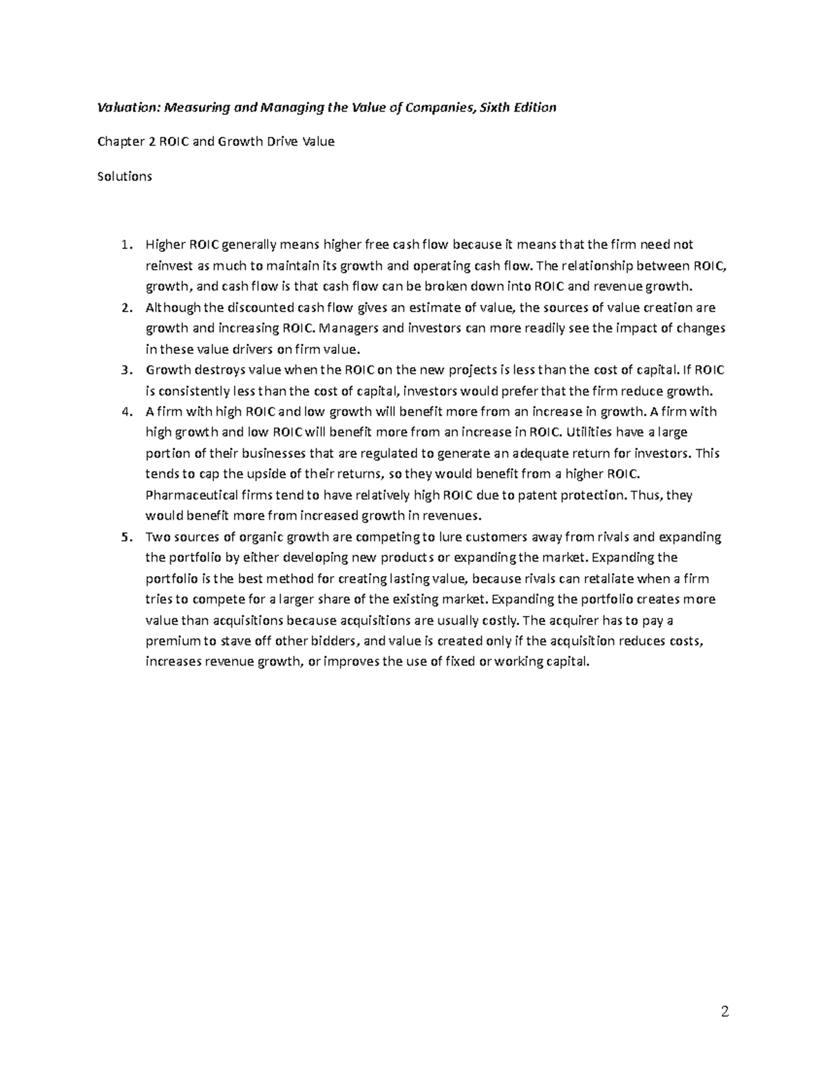 02 Solutions - summary solution - Valuation: Measuring and Managing the ...