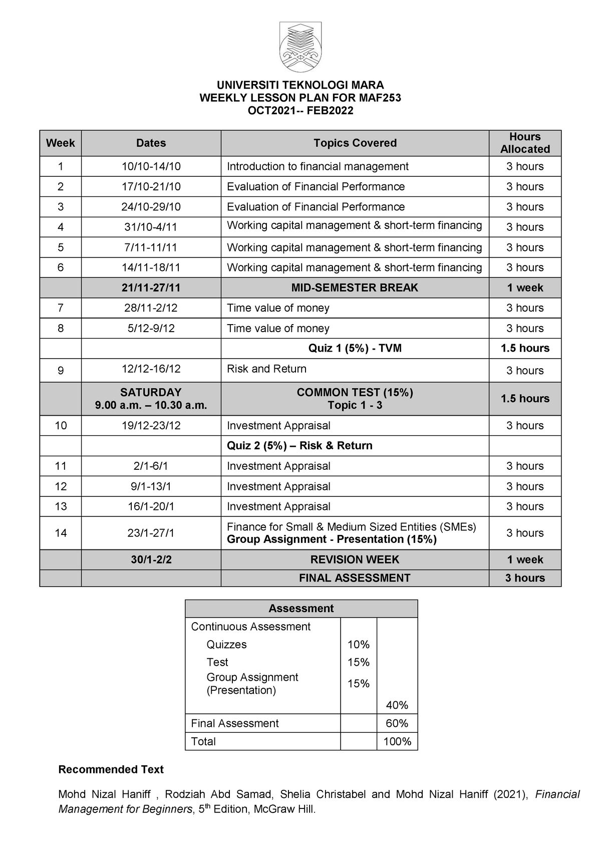 MAF 253 Lesson Plan- Weekly-OCT 2021- FEB2022 - UNIVERSITI TEKNOLOGI ...