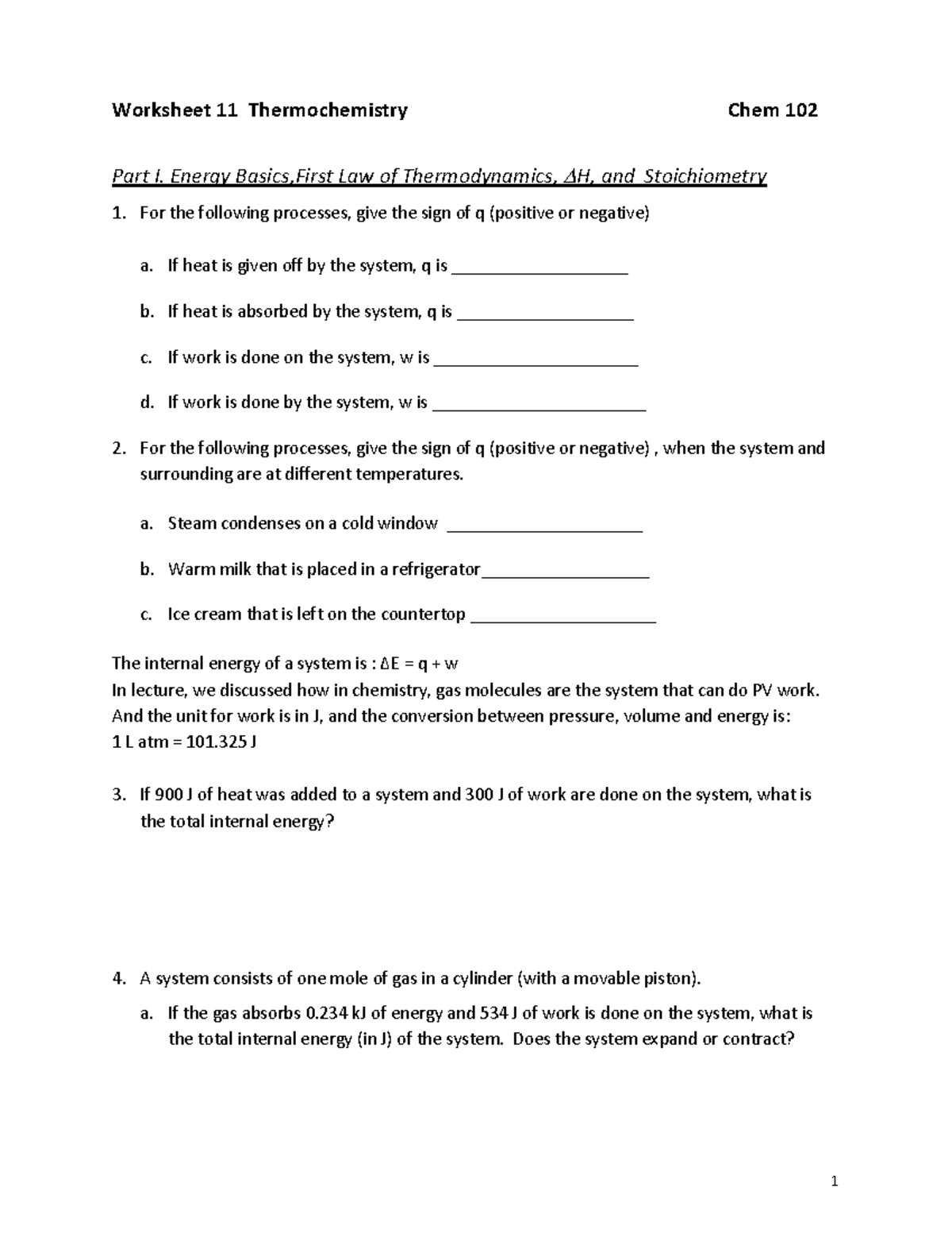 Worksheet 11 Thermochemistry v2 - Energy Basics,First Law of ...