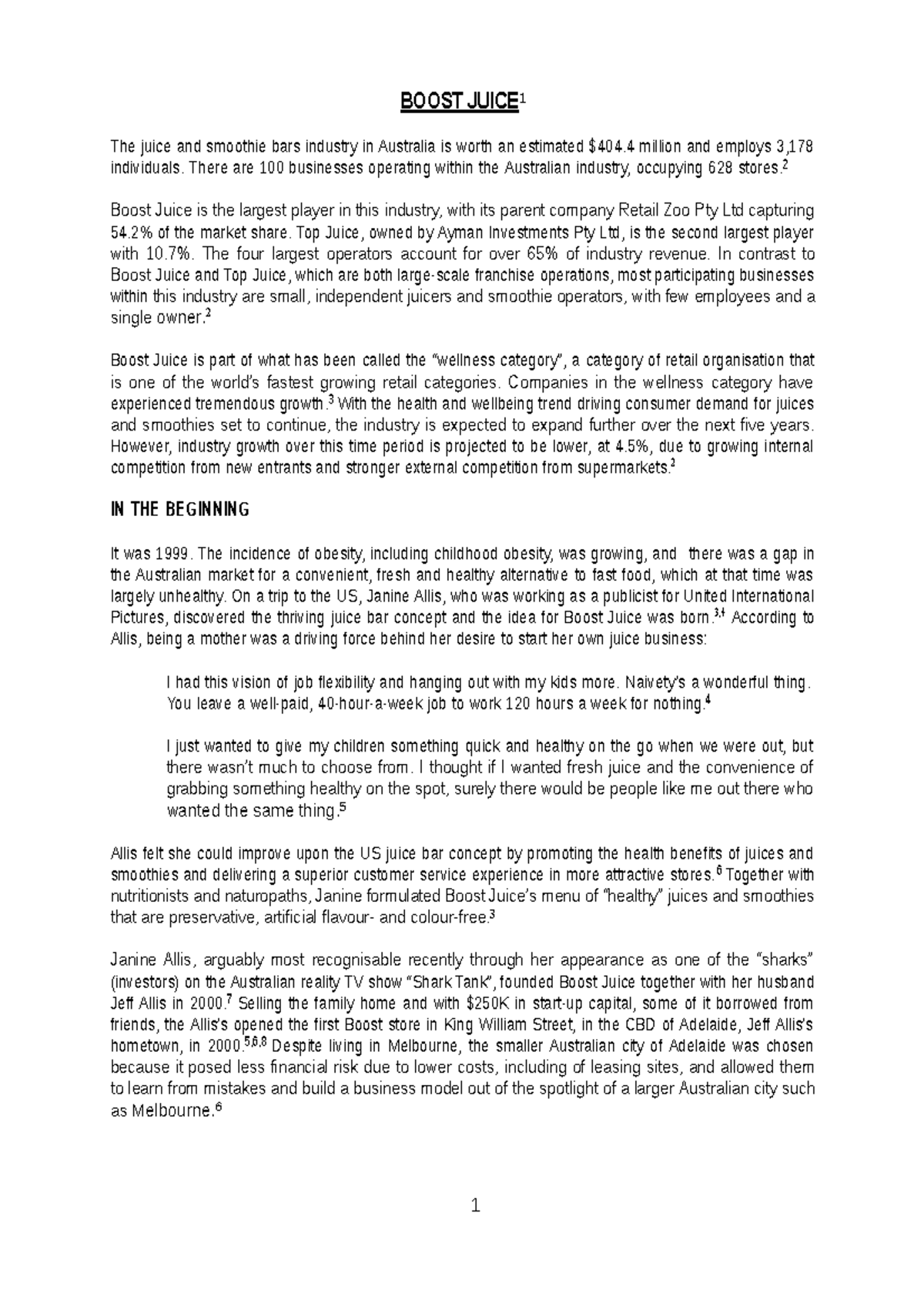 Boost Juice Case Example case for tutorial week 4 1 BOOST JUICE 1