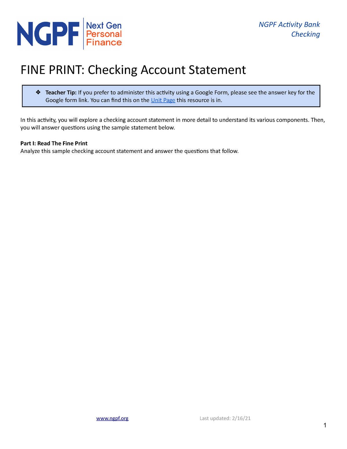 sample checking account statement