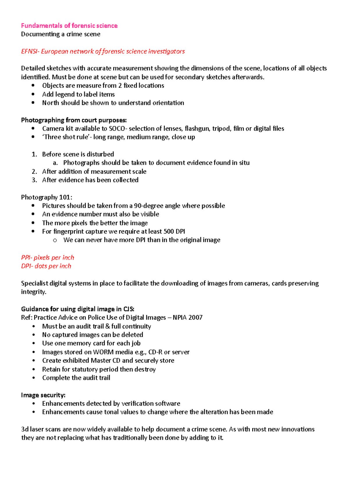 W3 documenting a crime scene notes - Fundamentals of forensic science ...