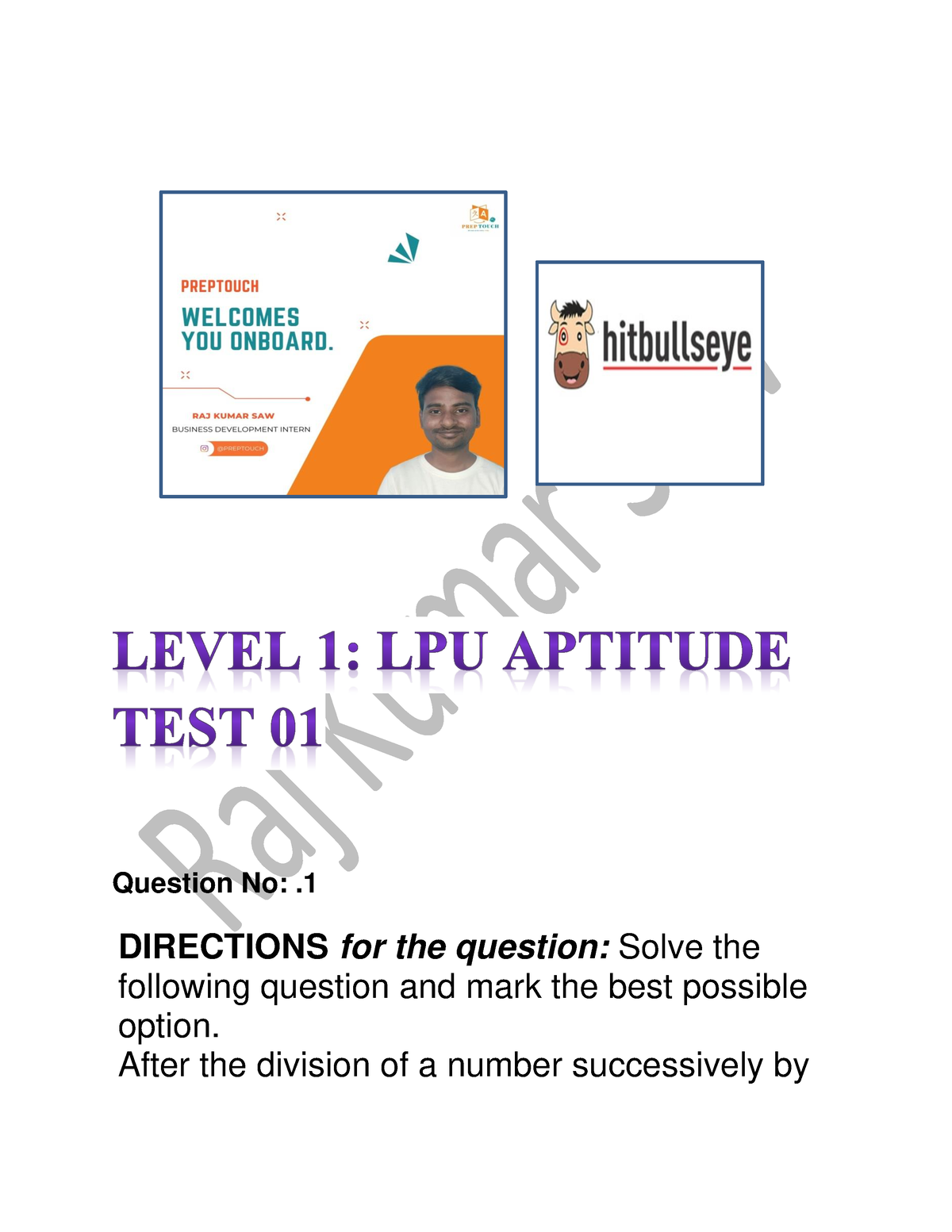 Hitbullseye Level 1 LPU Aptitude Test 01 - Question No:. DIRECTIONS For ...