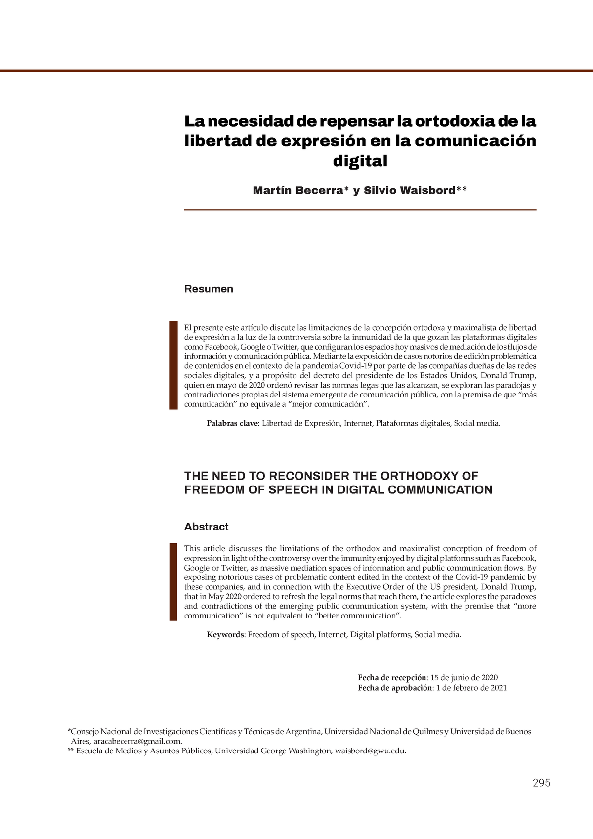 Becerra - Artículo Libertad De Expresión Y Comunicación Digital - 295 ...