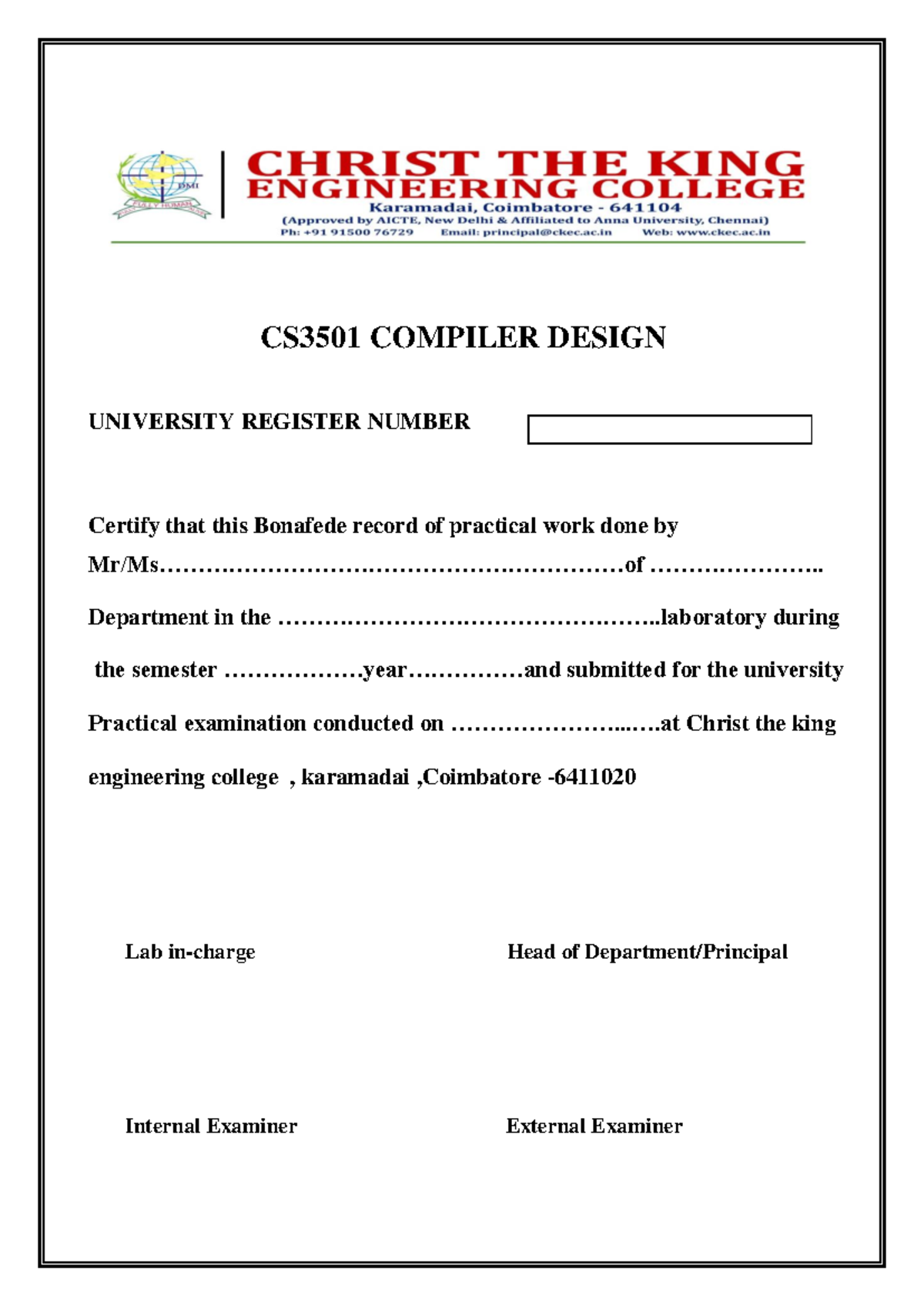 CS3501 CD LAB Manual - CS3501 COMPILER DESIGN UNIVERSITY REGISTER ...