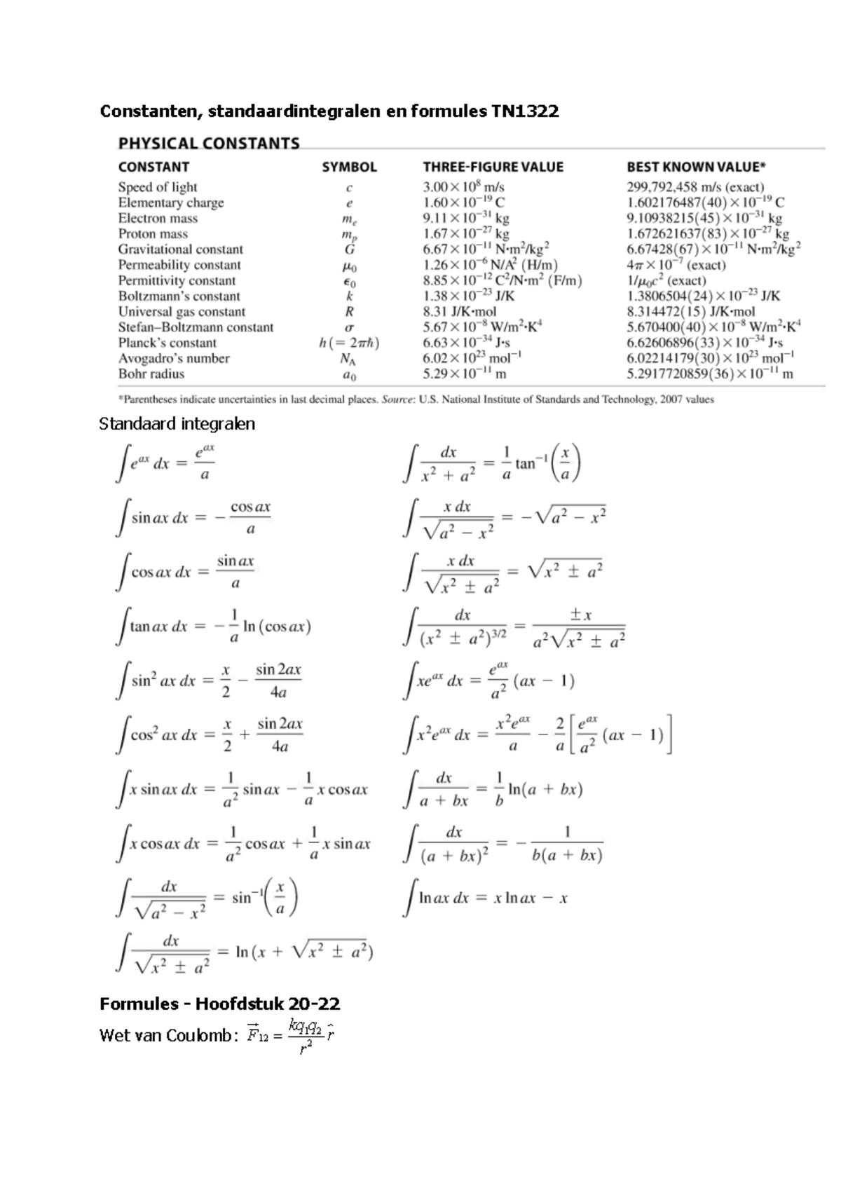 Constanten En Formules EM-1 - Constanten, Standaardintegralen En ...