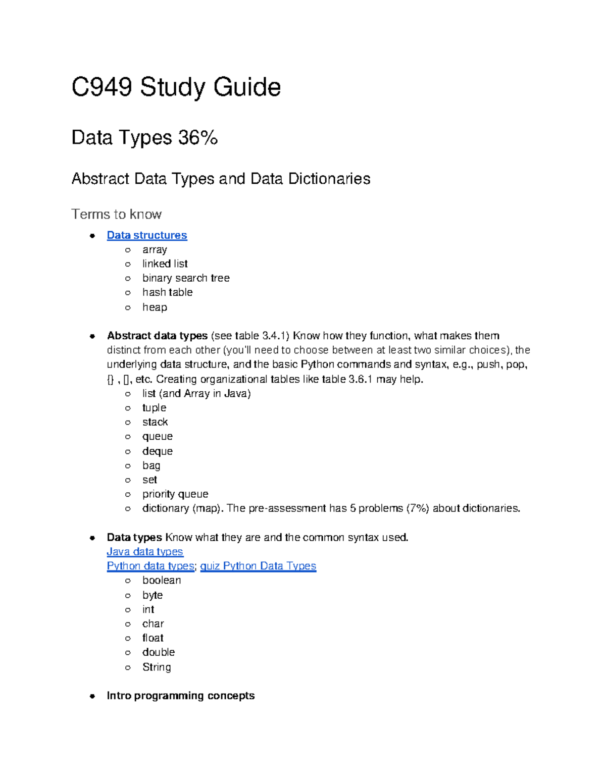 C949 Study Guide For OA - C949 Study Guide Data Types 36% Abstract Data ...