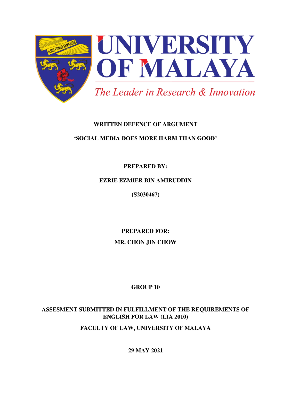 Written Defence of Argument LIA2010 - WRITTEN DEFENCE OF ARGUMENT ...