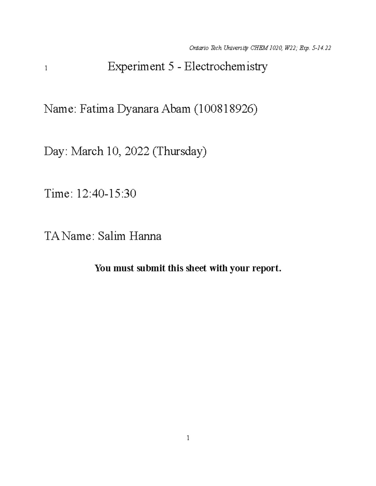 1020 Electrochemistry report template W22 - 1 Experiment 5 ...
