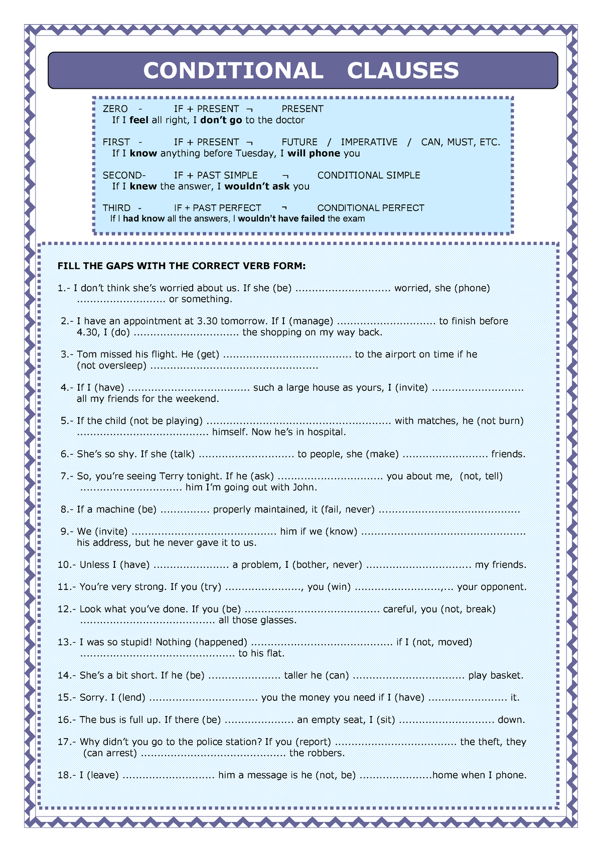 Conditional-clauses - Taller ingles 4, gerundios - CONDITIONAL CLAUSES ...