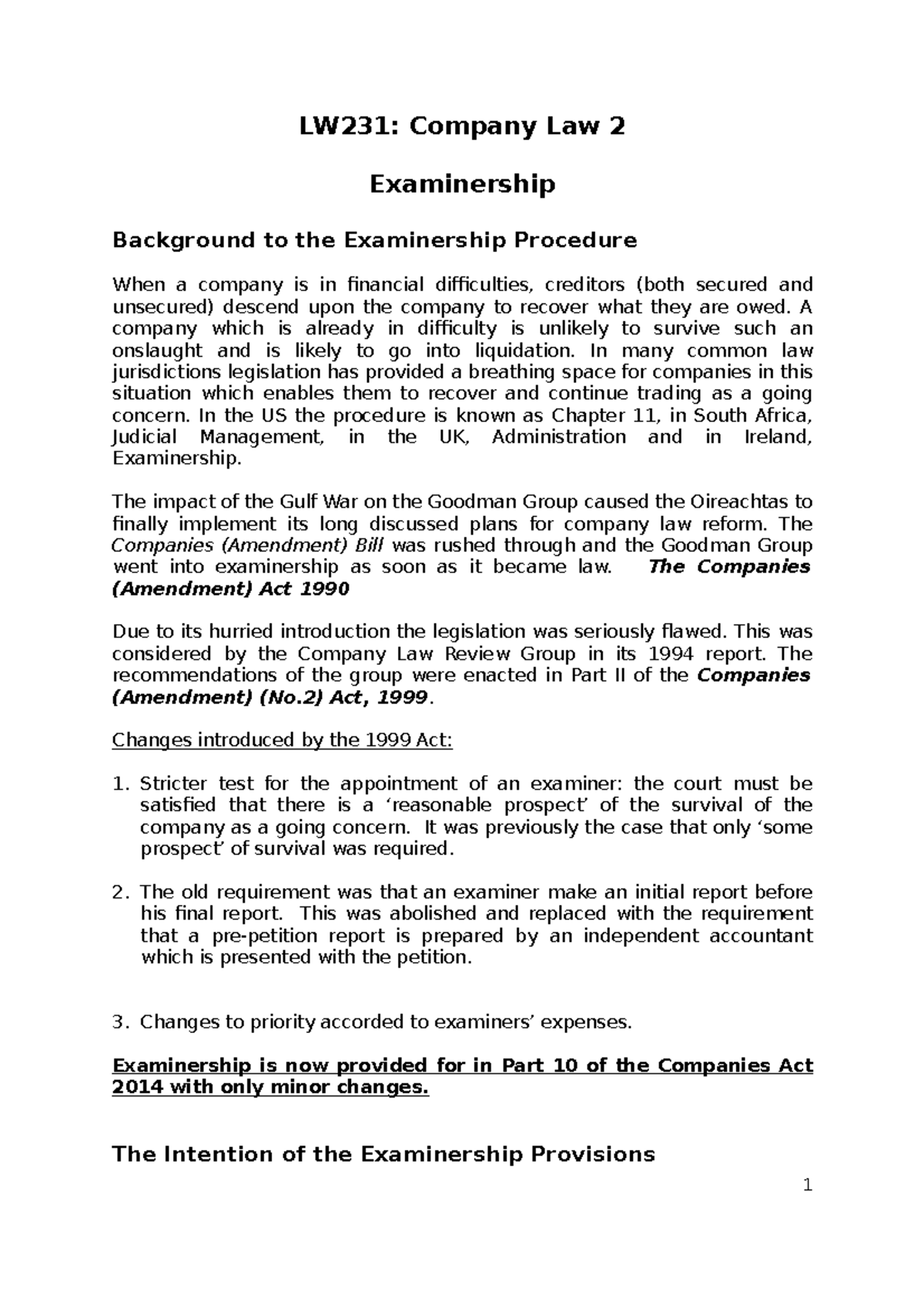 company-2-examinership-lw231-company-law-2-examinership-background