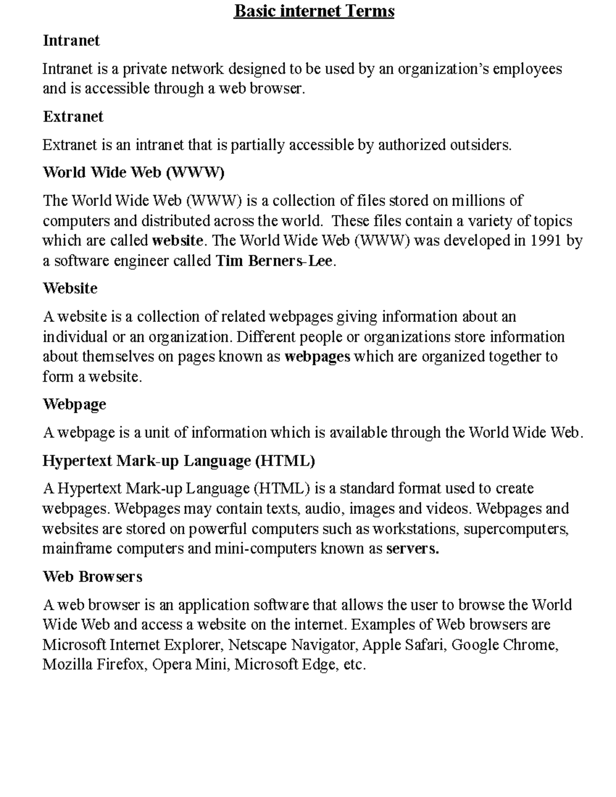 Basic internet Terms - For first year students - Basic internet Terms ...