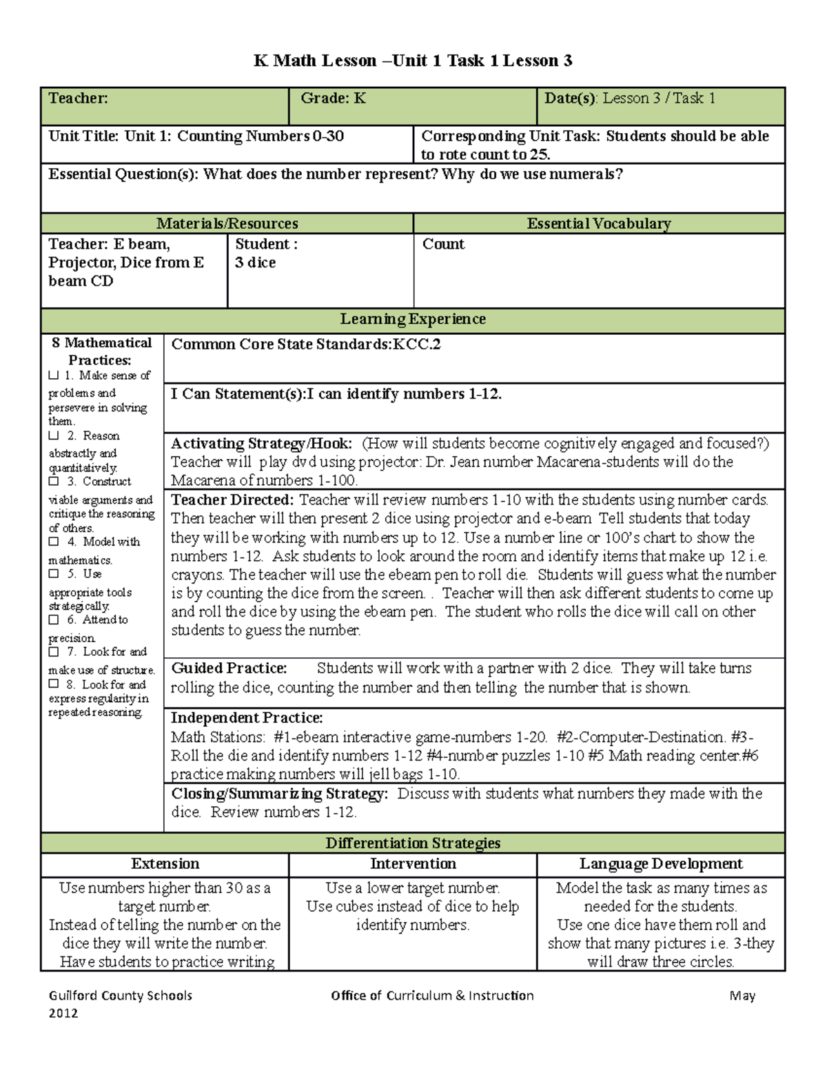 Unit 1 Task 1 Lesson 3 - K Math Lesson –Unit 1 Task 1 Lesson 3 Teacher ...