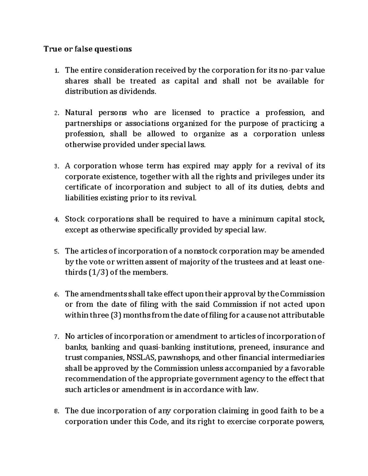 Sample questions for corporate law philippines - True or false ...