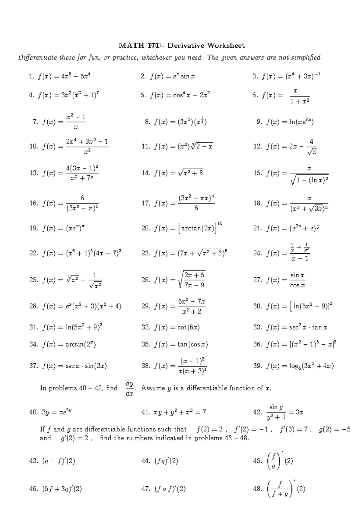 Diffpract - Hello - MATH 171 - Derivative Worksheet Differentiate these ...