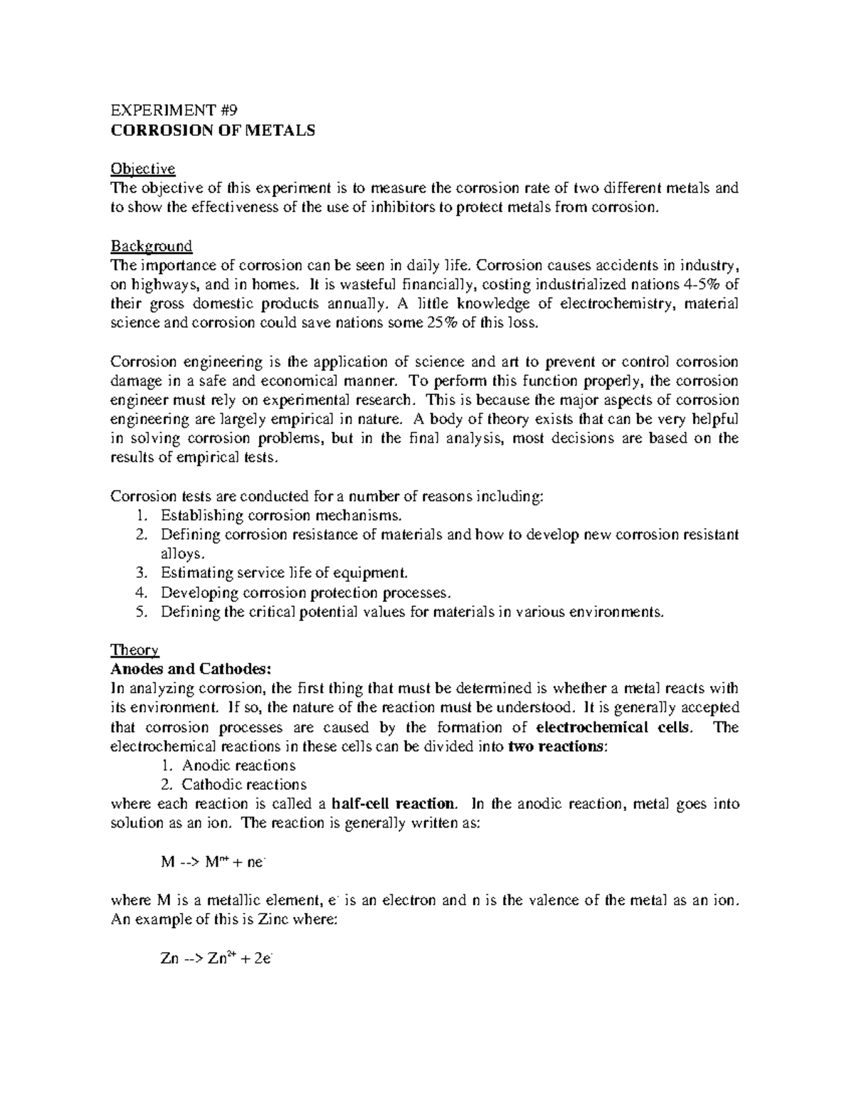 9-Corrosion - Lecture notes 9 - EXPERIMENT #9 CORROSION OF METALS ...