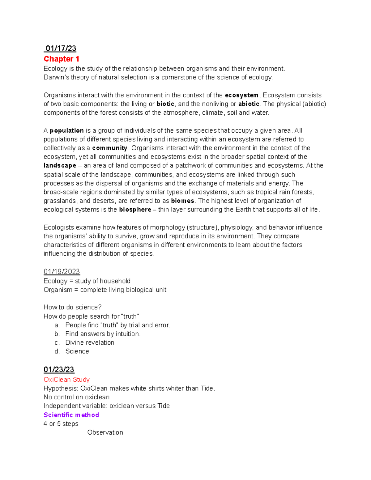 Introduction To Ecology Exam 1 - 01/17/ Chapter 1 Ecology Is The Study ...