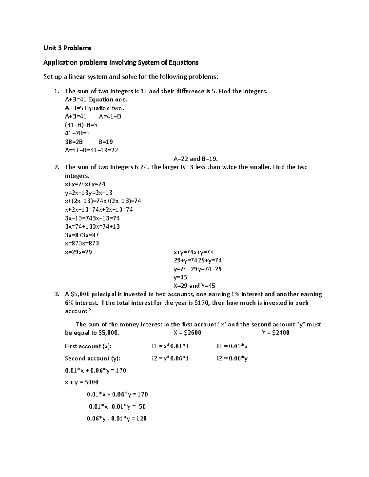 Unit 3 Problems - Unit 3 Problems Application problems Involving System ...