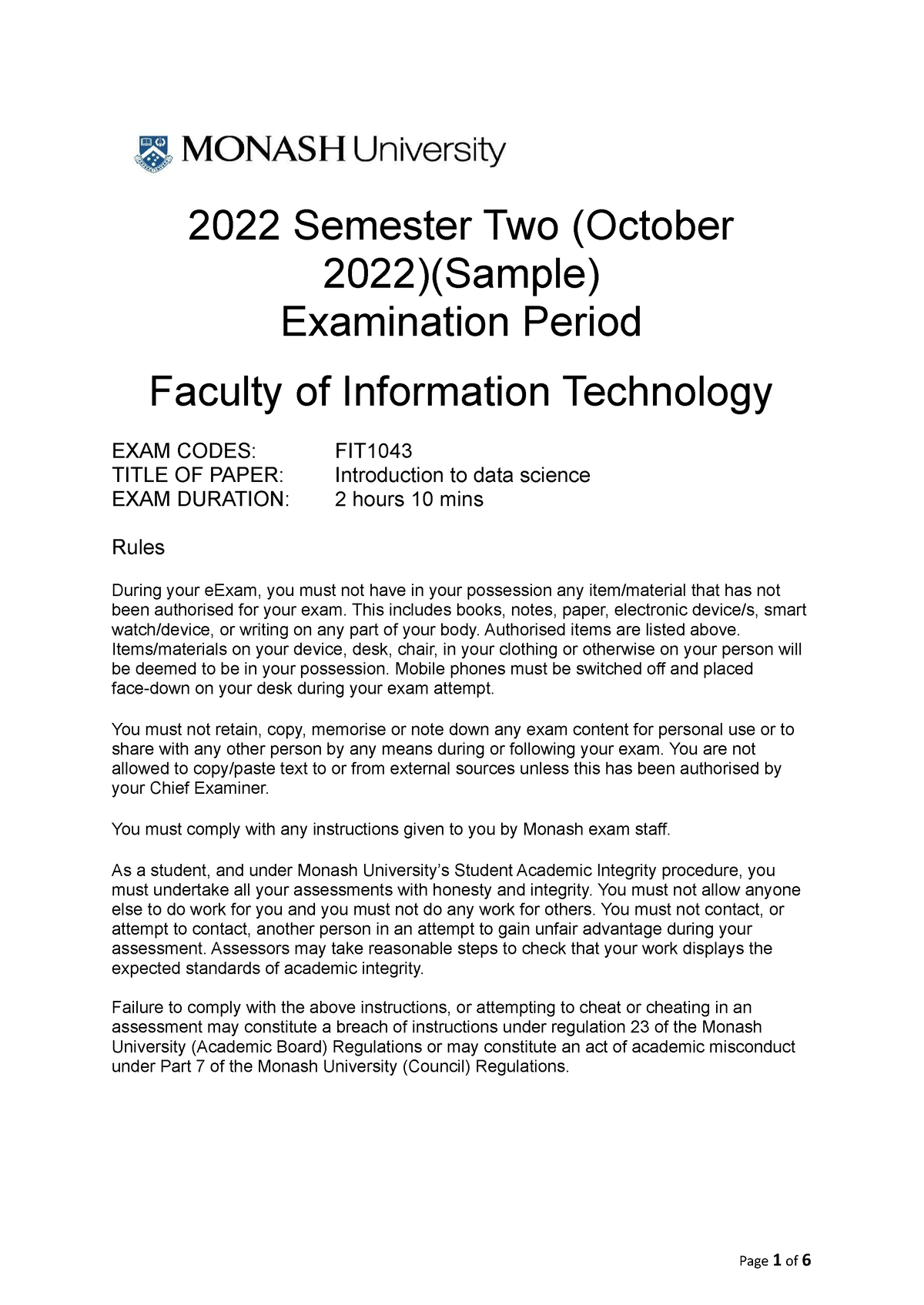 FIT1043 Sample Exam S2 2022 (with Sample Solution) - 2022 Semester Two ...