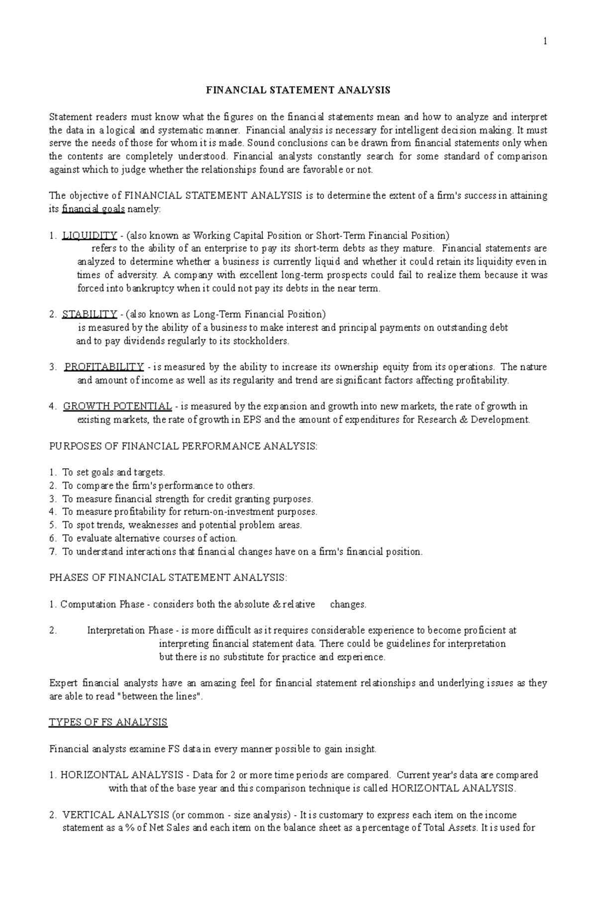 Financial Statement Analysis Notes - FINANCIAL STATEMENT ANALYSIS ...