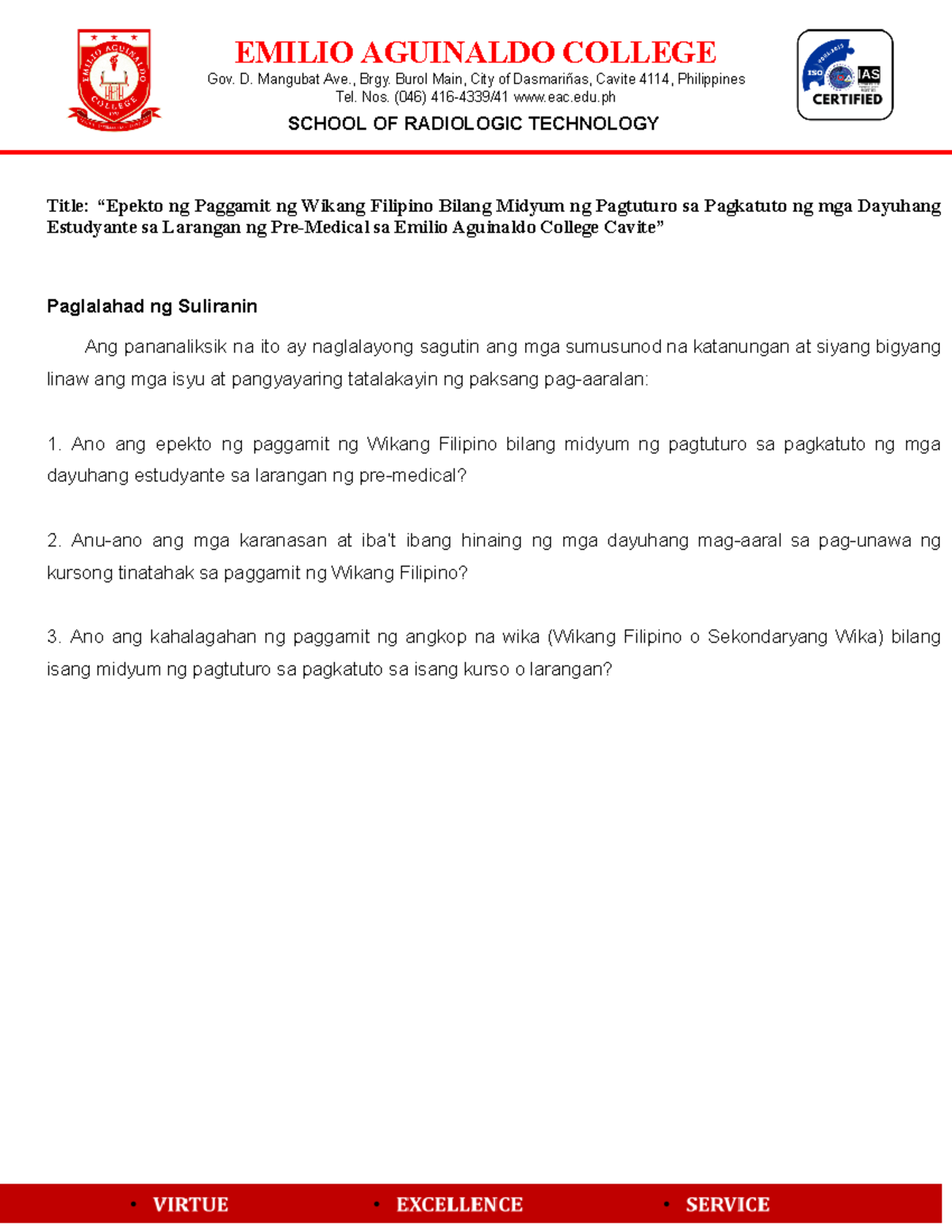 Questionnaire-1 - Gov. D. Mangubat Ave., Brgy. Burol Main, City of ...