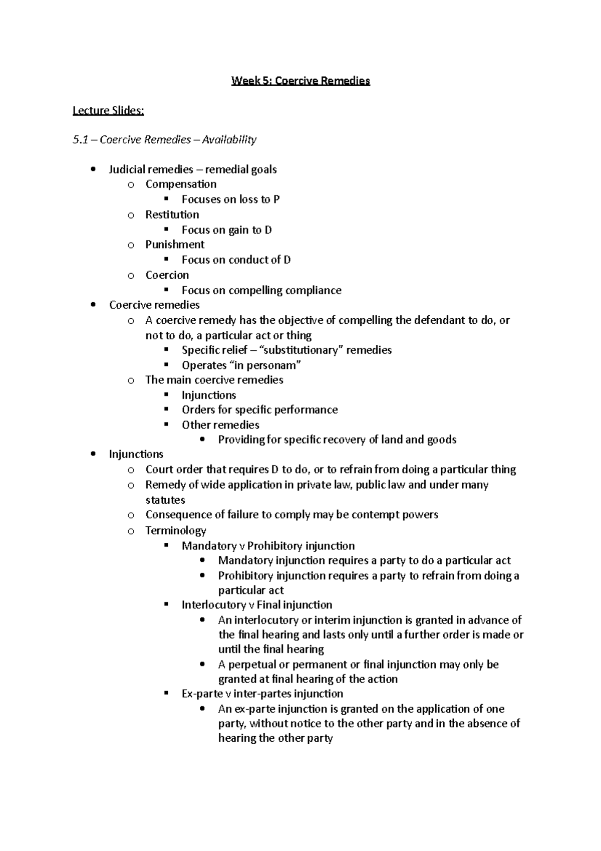 Week 5 Summary Notes Week 5 Coercive Remedies Lecture Slides 5
