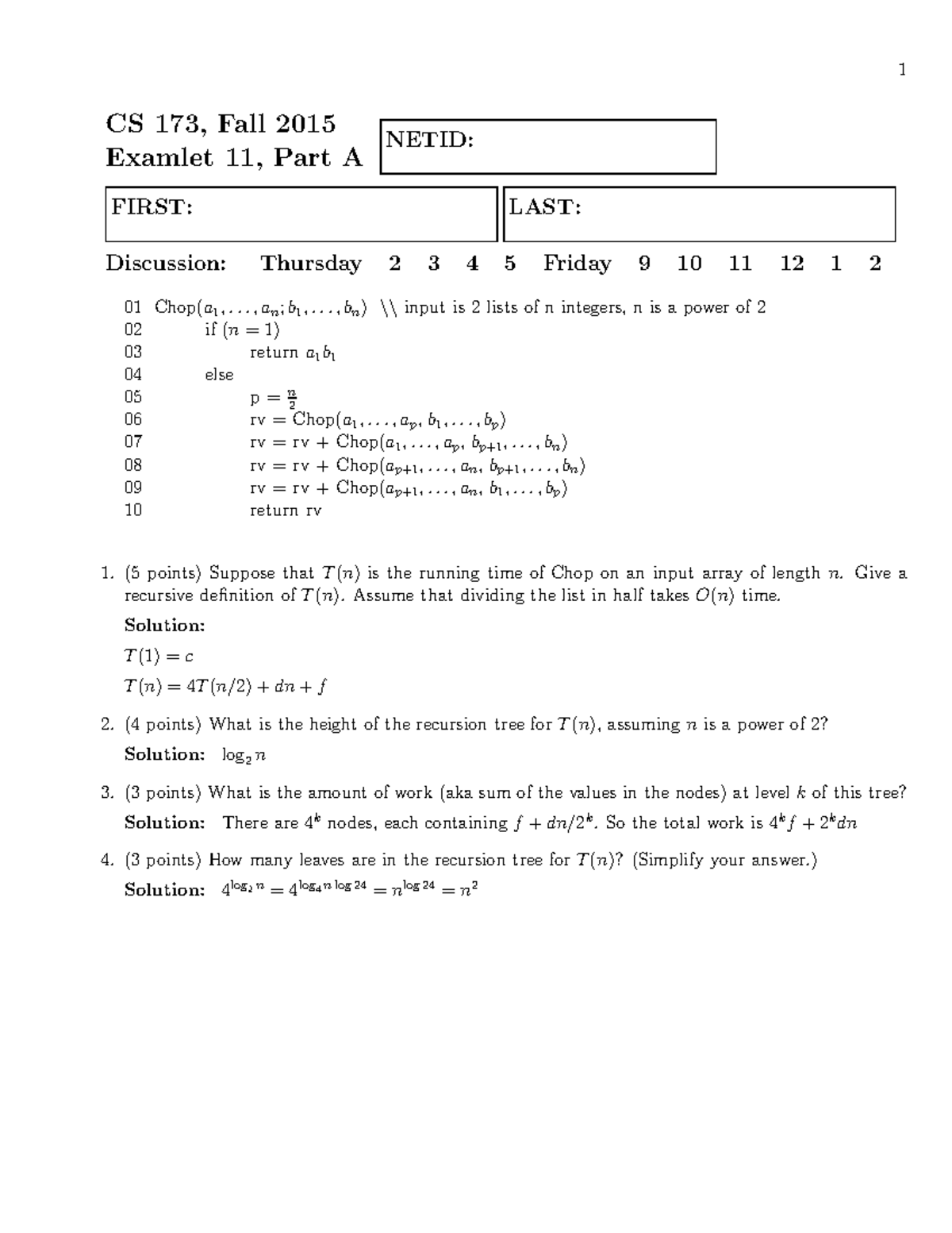 Long solutions-43 - asdasdasdad - CS 173, Fall 2015 Examlet 11, Part A ...