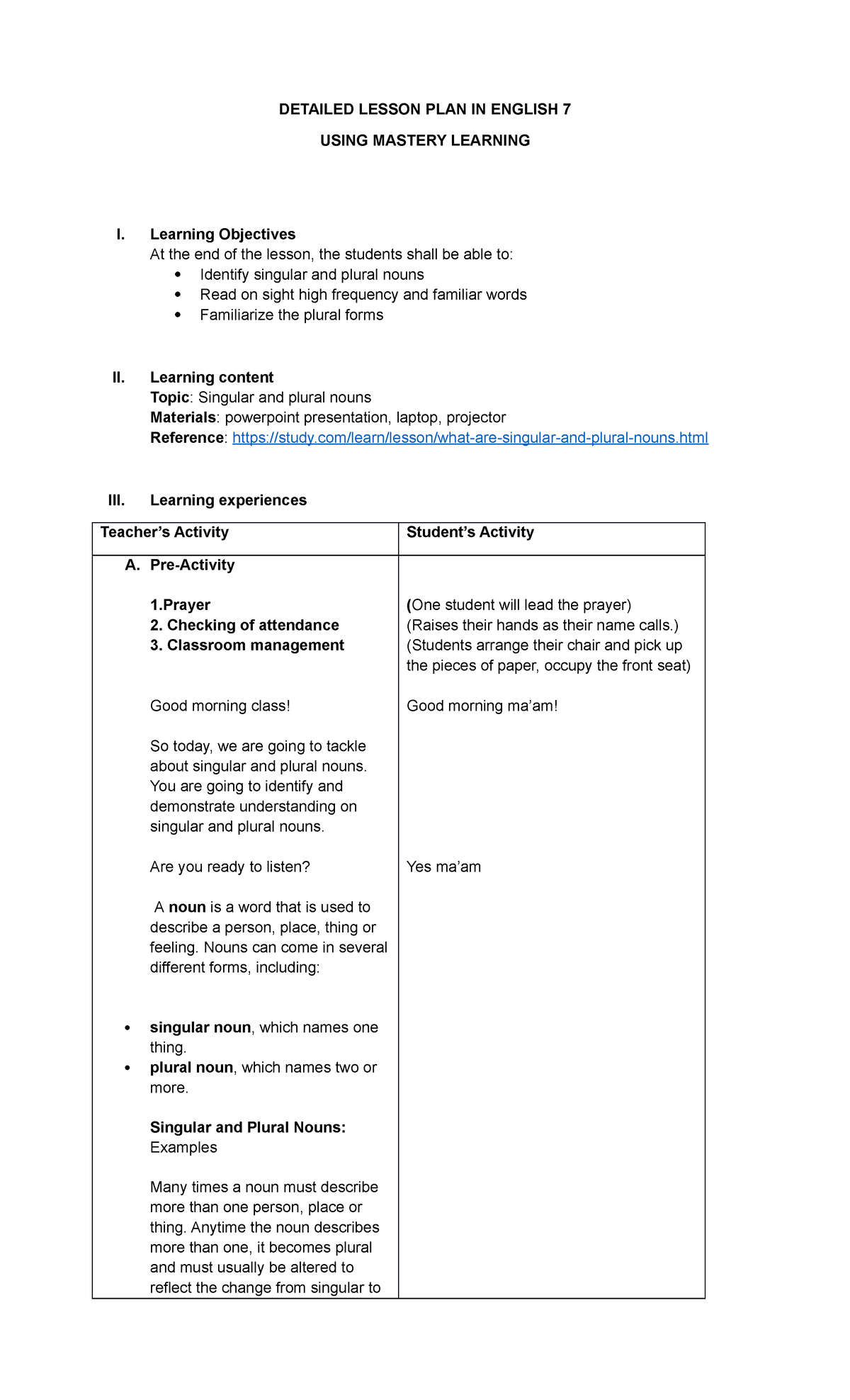 Mastery Learning Lesson Plan DETAILED LESSON PLAN IN ENGLISH 7 