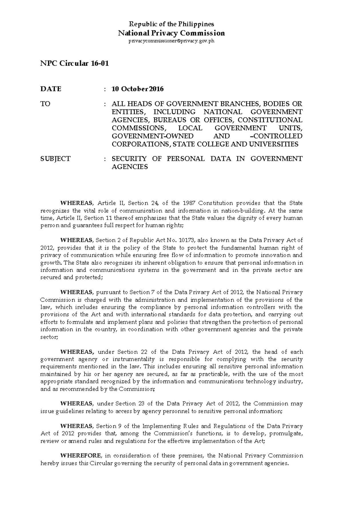 NPC Circular 16 01 - non - Republic of the Philippines National Privacy ...