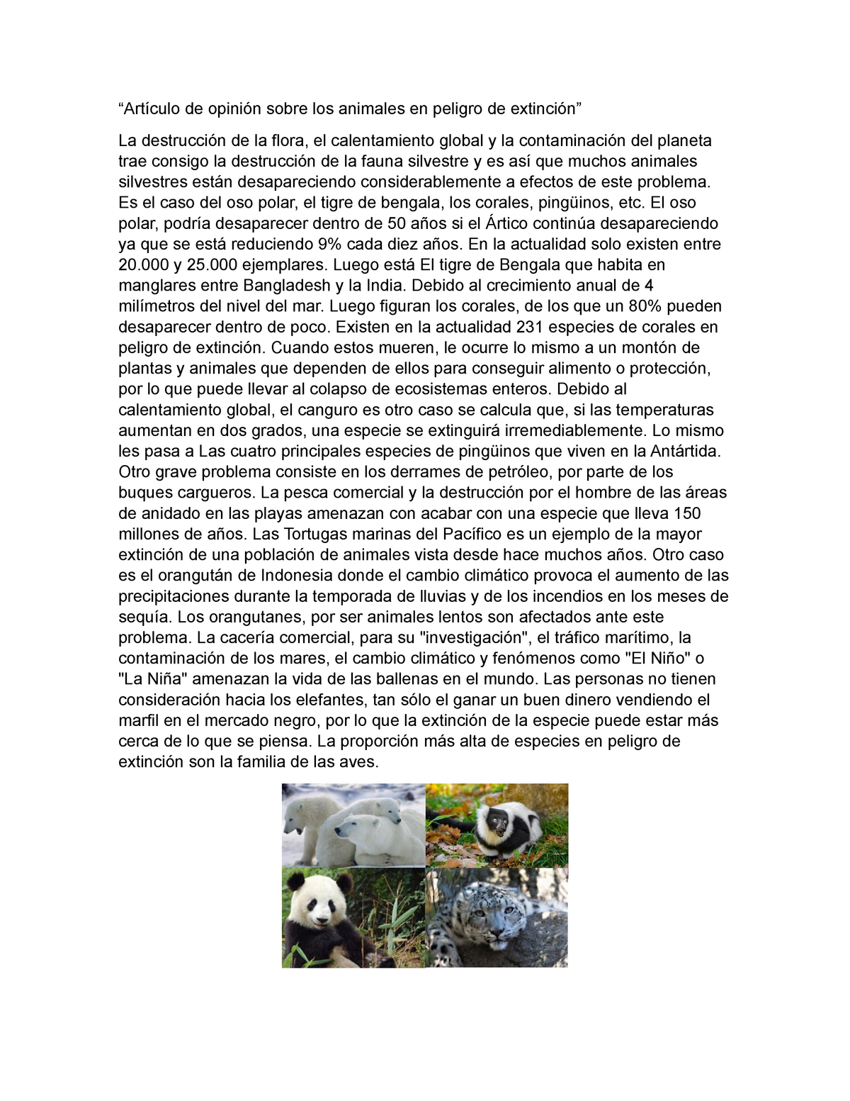 opinión sobre los animales en peligro de extinción “Artículo de opinión sobre los - StuDocu