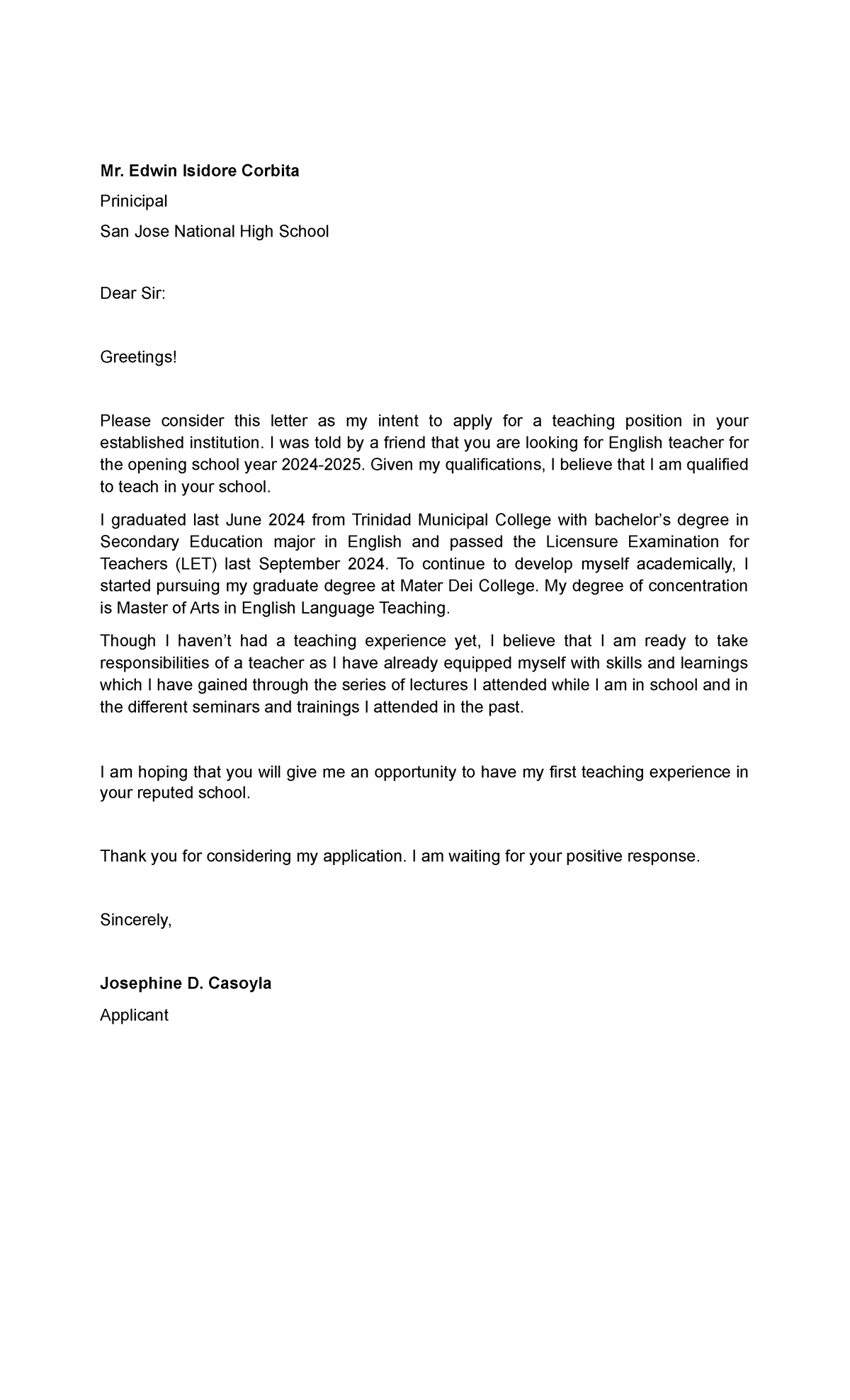 Application Letter - Mr. Edwin Isidore Corbita Prinicipal San Jose ...