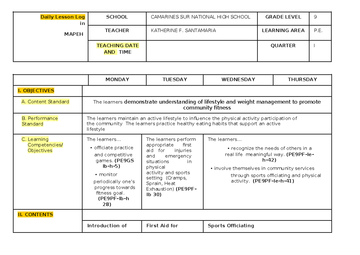 Q1 Grade 9 PE DLL Week 2 - mapeh 9 - Daily Lesson Log in MAPEH SCHOOL ...