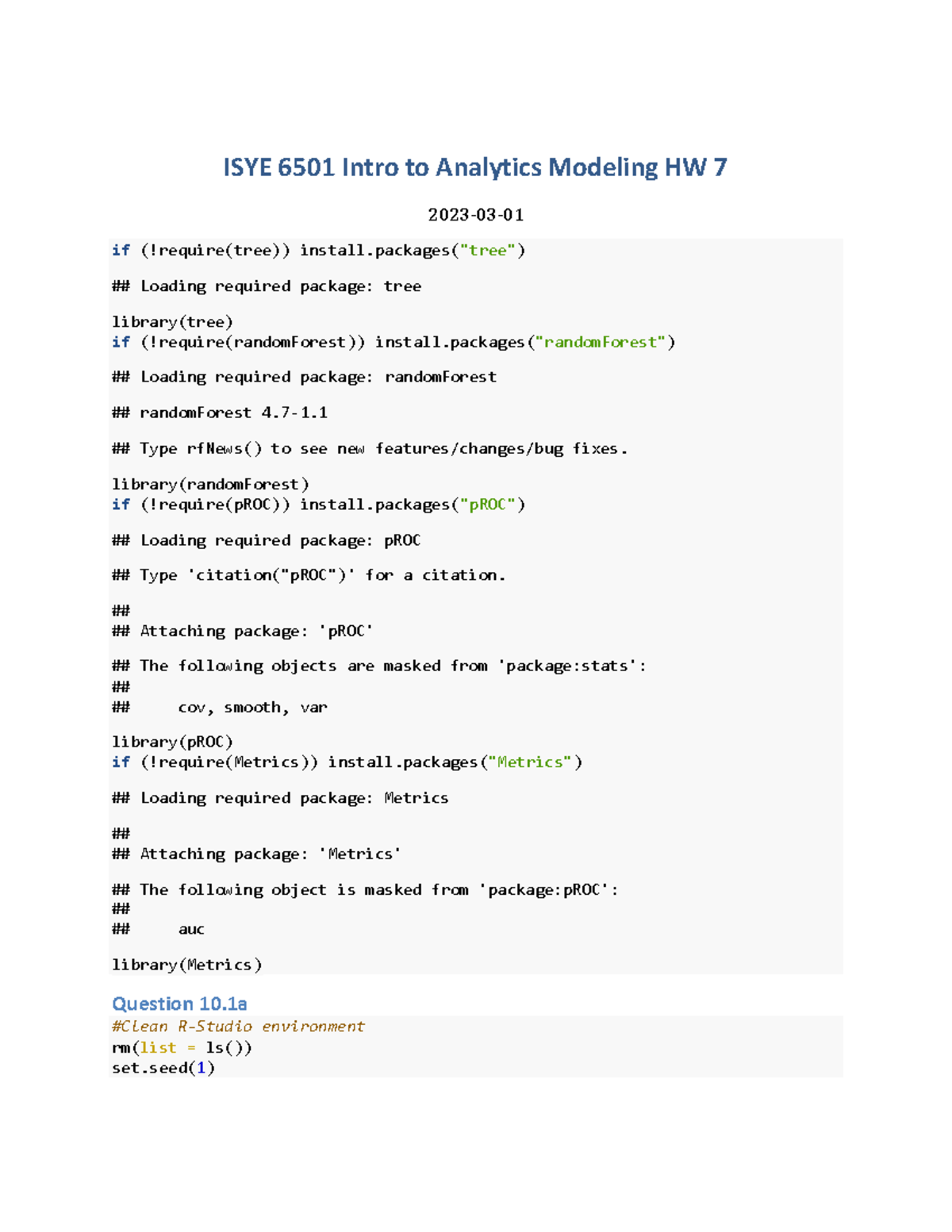 6501HW07 - Homework 7 - ISYE 6501 Intro to Analytics Modeling HW 7 2023 ...
