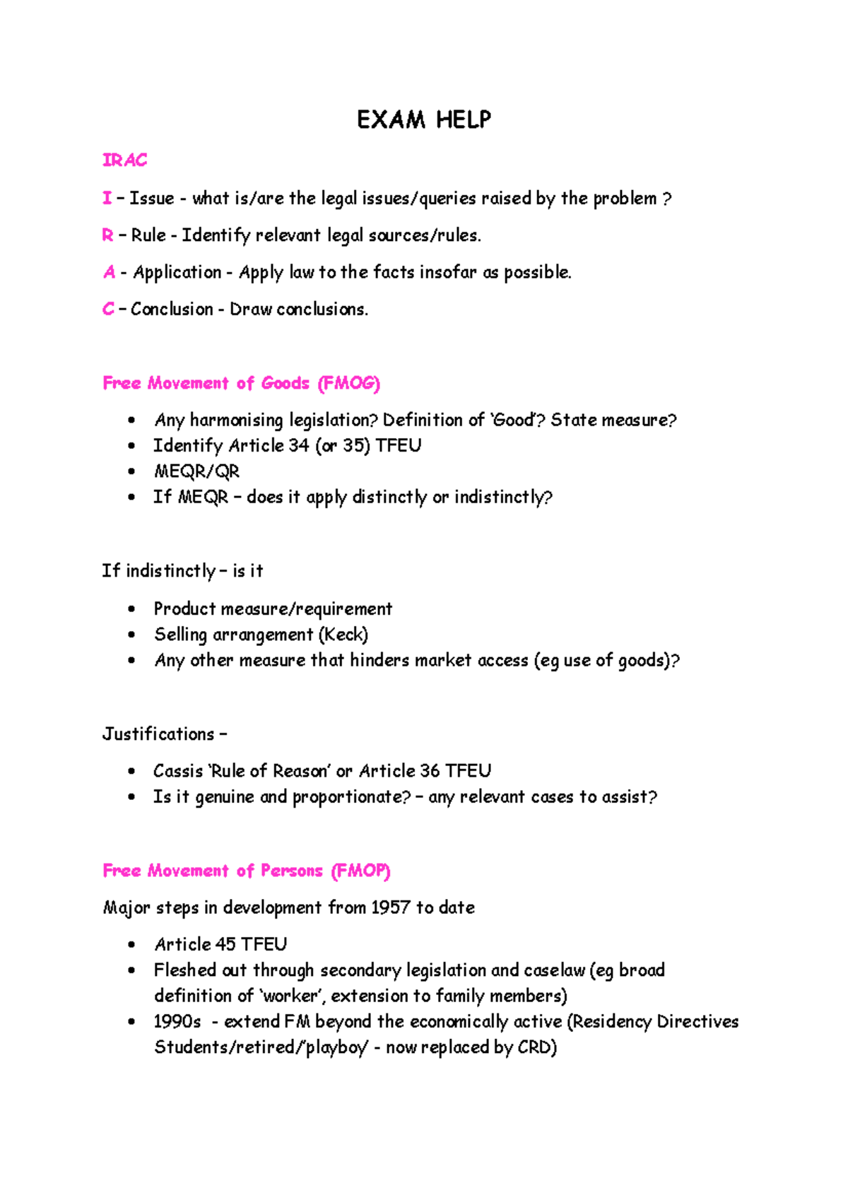 Exam tips exam tips for EU Law EXAM HELP IRAC I Issue what is