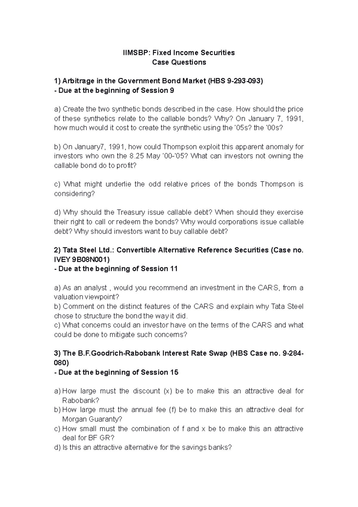 Iimsbp FIS Case Questions - IIMSBP: Fixed Income Securities Case ...