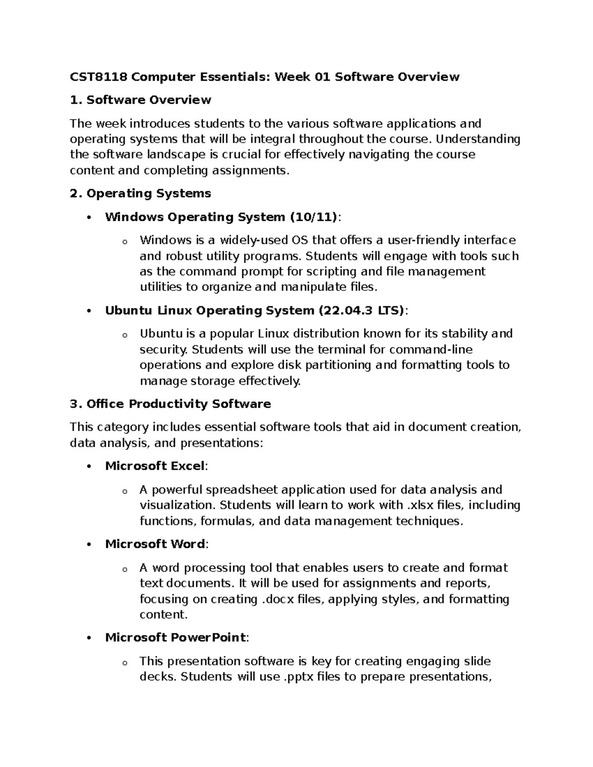 Software Overview - Software Overview The week introduces students to ...
