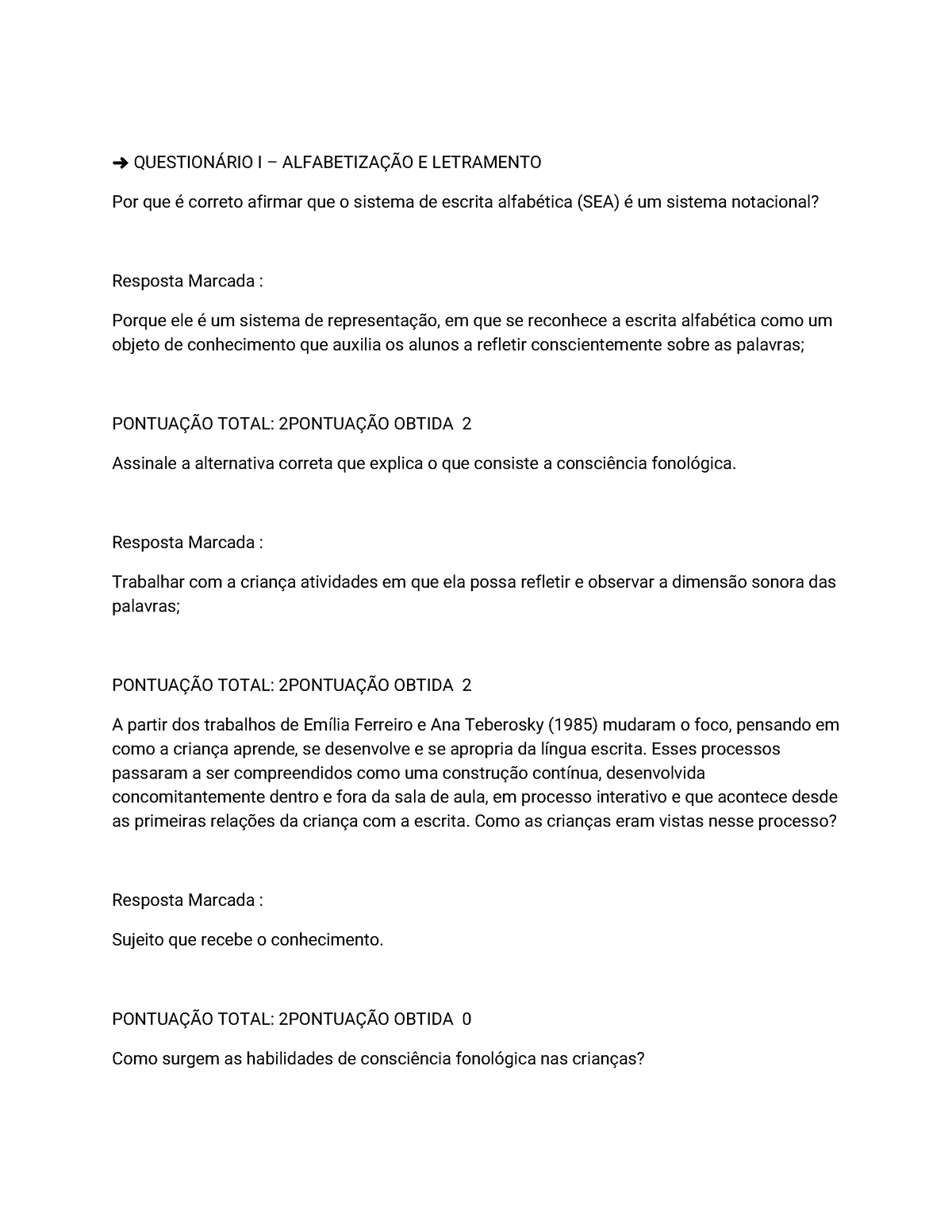 ALFABETIZAÇÃO- 1° ANO- EMEF TIRADENTES - Questionário