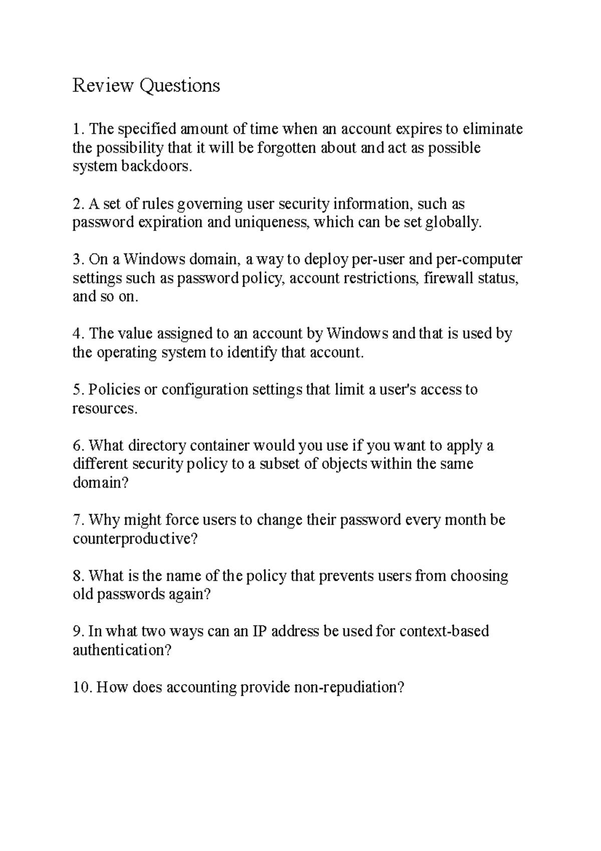 Implement Account Policies Review Questions - Review Questions The ...