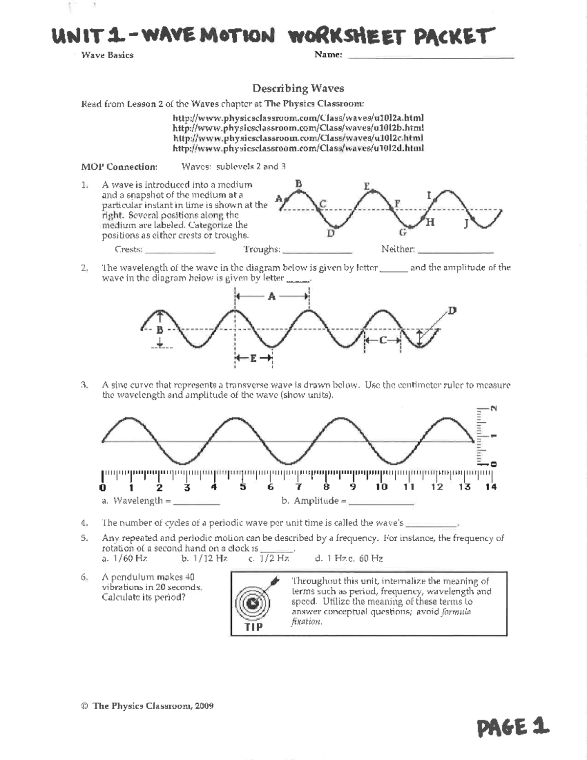 Unit 1 Wave Motion Worksheet Packet - PHYS1002 - Studocu