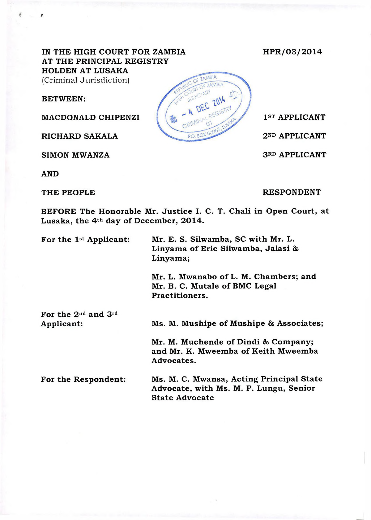Chipenziv law association of zambia IN THE HIGH COURT FOR ZAMBIA HPR