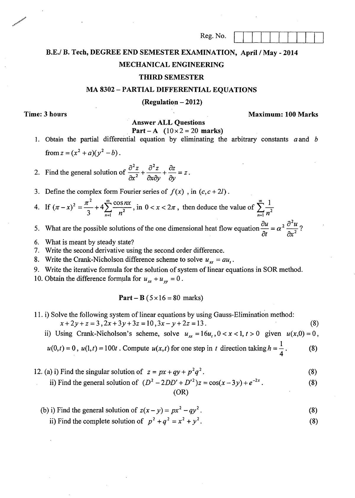 partial differential equations previous year question paper - Reg. No ...